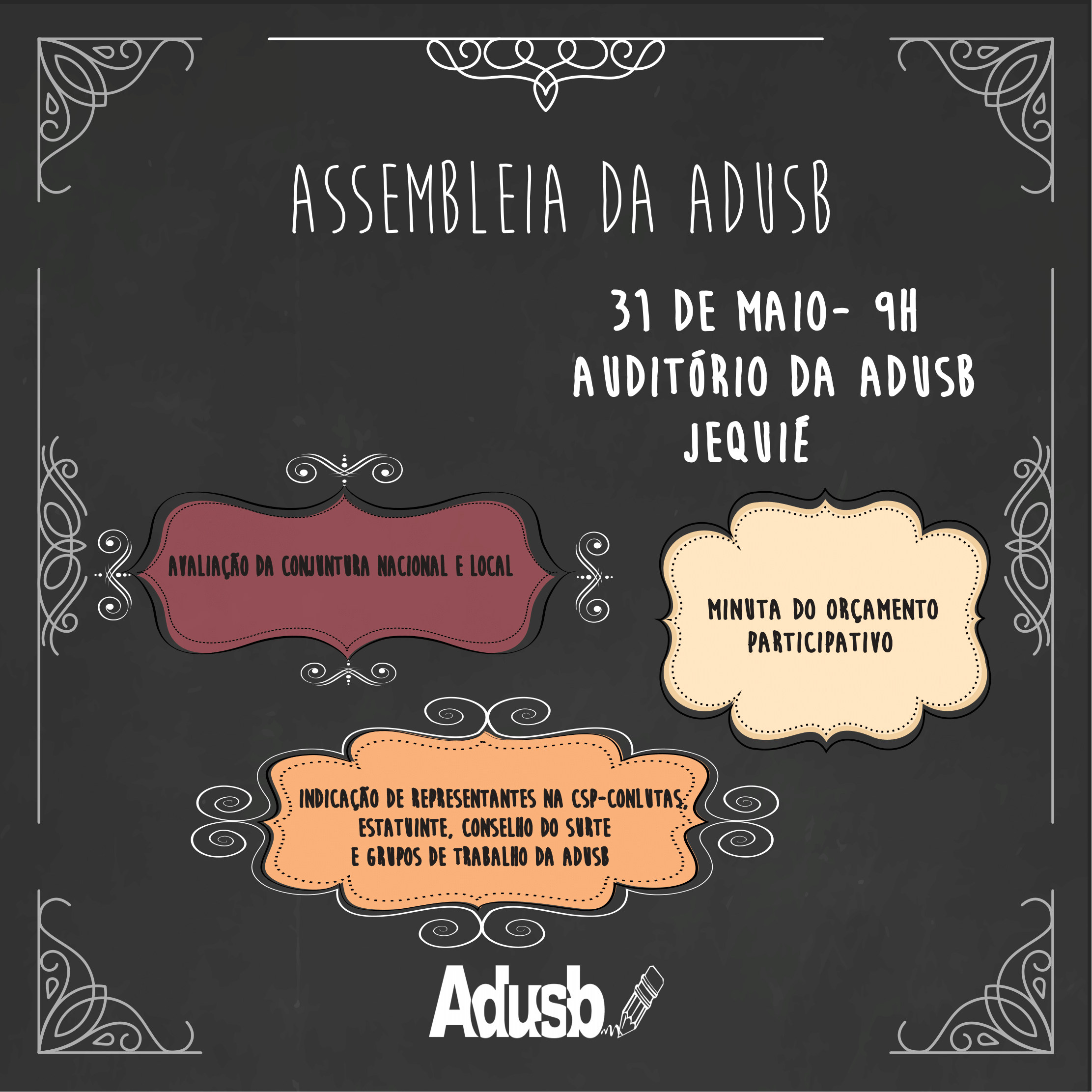 Assembleia da Adusb discutirá conjuntura política e orçamento participativo na terça-feira (31)